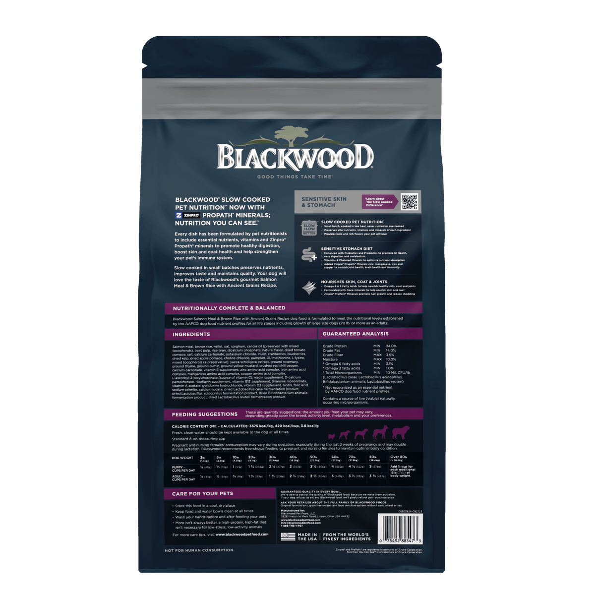 גב אריזת Blackwood Salmon & Brown Rice עם מידע היצרן
